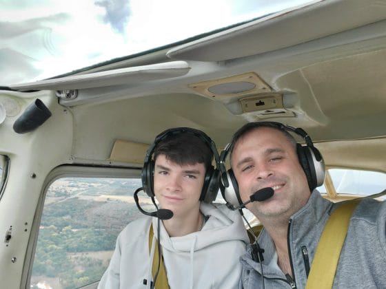 Jared with his son Gavin on a flight lesson. Gavin's legacy lives on with him memorial scholarship.